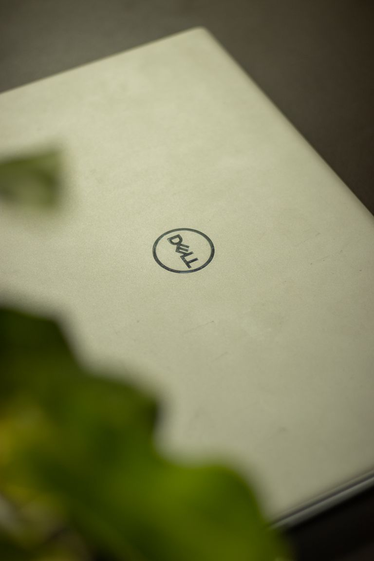 Close-up shot of a silver laptop with the Dell logo. Blurred green leaves add aesthetic depth.