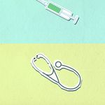 Overhead view of cutout paper appliques representing stethoscope near syringe and capsules with pills on colorful background